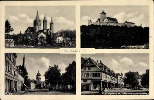 Ak Arnstadt in Thüringen, Marktplatz mit Bismarckbrunnen, Wachsenburg, Liebfrauenkirche, Ried