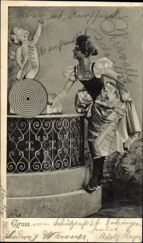 Ak Frau am Brunnen, Zielscheibe mit Amor