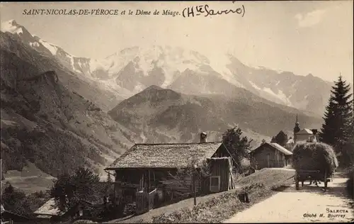 Ak Saint Nicolas de Veroce Haute Savoie, Dome de Miage, Blick auf den Ort