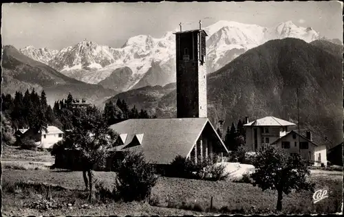 Ak Plateau d'Assy Haute Savoie, Vue sur le Mont Blanc, Kirche