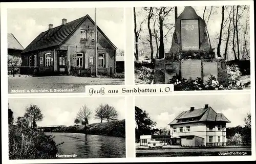 Ak Sandhatten Kreis Oldenburg Niedersachsen, Ehrenmal, Jugendherberge, Bäckerei und Kolonialwaren