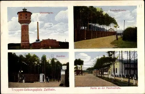 Ak Zeithain in Sachsen, Truppenübungsplatz, Wasserturm, Funcke Straße, Nordtor, Planitzstraße