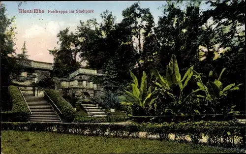 Ak Riesa an der Elbe Sachsen, Freitreppe im Stadtpark