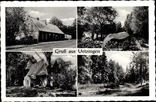 Ak Uetzingen Walsrode im Heidekreis, Gasthof Burckard, Kirche, Denkmal, Waldpartie