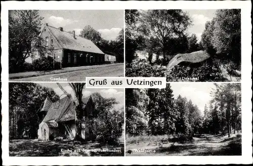 Ak Uetzingen Walsrode im Heidekreis, Gasthof Burckard, Denkmal, Waldpartie, Kirche