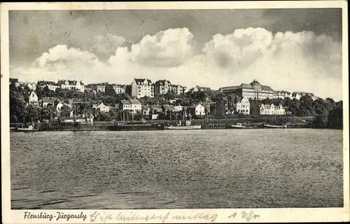 Ak Jürgensby Flensburg in Schleswig Holstein, Stadt vom Wasser aus gesehen