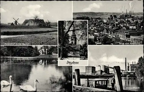 Ak Itzehoe in Schleswig Holstein, Schwäne, Windmühle, Kirche, Klosterhof, Zementfabrik