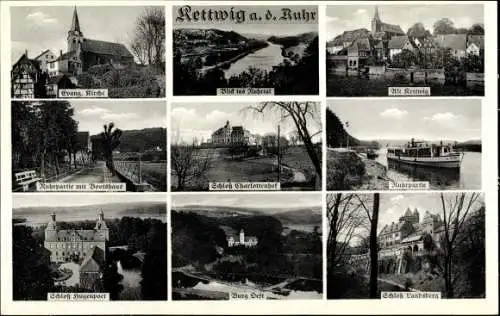 Ak Kettwig Essen im Ruhrgebiet, Kirche, Bootshaus, Schloss Charlottenhof, Burg, Schloss Landsberg
