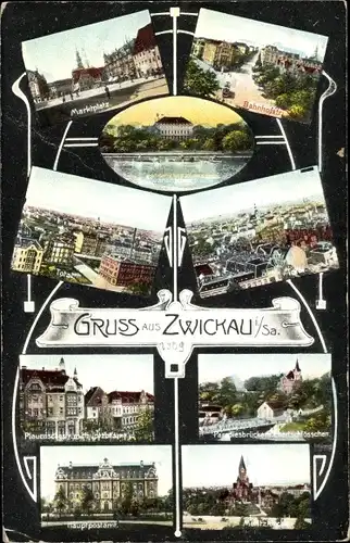 Ak Zwickau in Sachsen, Ortsansichten, Bahnhofstraße, Marktplatz, Paradiesbrücke