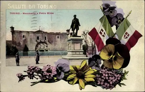 Wappen Ak Torino Turin Piemonte, Monumento a Pietro Micca, Blumen, Italienische Fahne