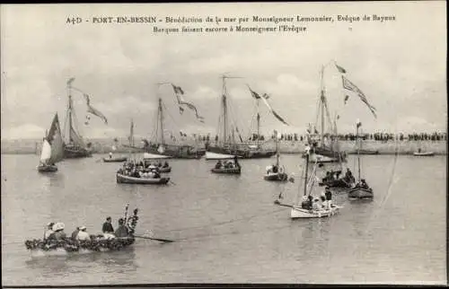 Ak Port en Bessin Calvados, Benediction de la mer par Monseigneur Lemonnier