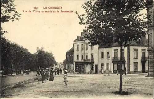Ak Le Creusot Saône et Loire, Rue de Torcy et entree de la Promenade