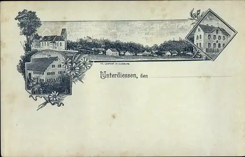 Litho Unterdießen in Bayern, Kaiserliche Post, Pfarrhaus, Kirche