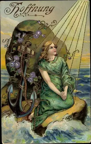 Präge Ak Hoffnung, Junge Frau auf dem Stein, Blumen, Anker