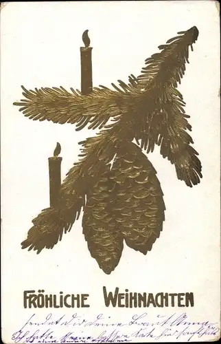 Ak Glückwunsch Weihnachten, Zapfen, Kerzen, Tannenbaum