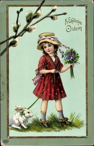 Präge Ak Glückwunsch Ostern, Mädchen mit Blumenstrauß und weißem Osterhasen