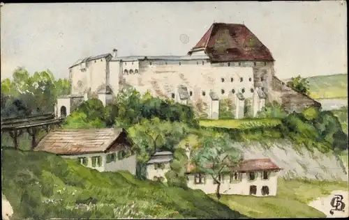 Künstler Ak Tittmoning in Oberbayern, Teilansicht mit der Burg