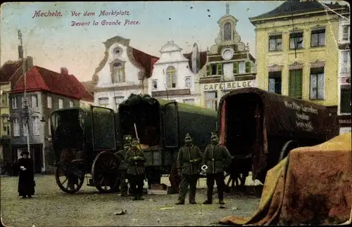 Ak Mecheln Antwerpen Flandern, Vor dem Marktplatz, deutsche Soldaten, I. WK, Transporter