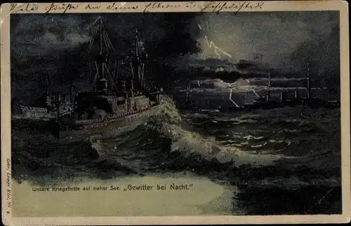 Künstler Litho Deutsche Kriegsschiffe, Gewitter bei Nacht