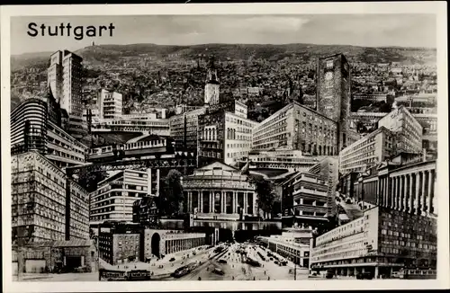 Ak Stuttgart am Neckar, Bahnhof, Straßenbahn, Mittnachtbau, Hotel Graf Zeppelin, Fotomontage