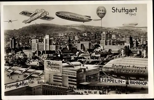 Ak Stuttgart am Neckar, Stadt im Jahr 1940, Raketenflugzeughaltestelle, Zeppelin Bahnhof,