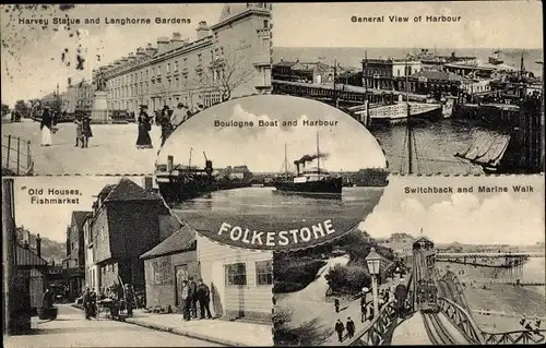Ak Folkestone Kent South East England, General View of Harbour, Old Houses, Fishermarket, Switchback