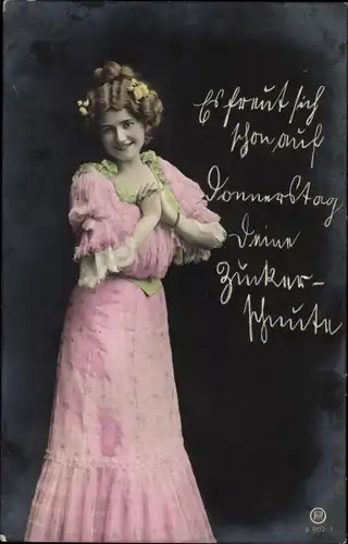 Ak Es freut sich schon auf Donnerstag deine Zuckerschnute, Frau im rosafarbenen Kleid