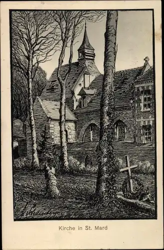 Künstler Ak Schamberger, Saint Mard Wallonien, Kirche, westlicher Kriegsschauplatz I. WK