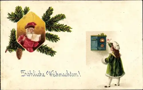 Ak Glückwunsch Weihnachten, Weihnachtsmann liest einen Brief, Mädchen, Postbriefkasten