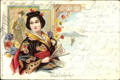 Litho Japanerin im Kimono mit Fächer