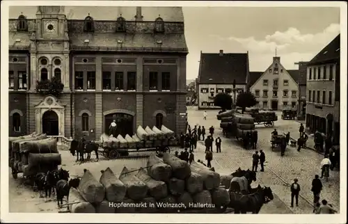 Ak Wolnzach Hallertau in Oberbayern, Hopfenmarkt, Pferdefuhrwerke