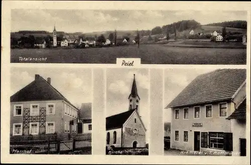 Ak Priel Gammelsdorf in Oberbayern, Krämerei, Kirche, Pfarrhof, Totalansicht