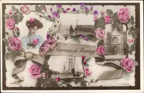 Ak Fécamp Seine Maritime, Segelschiff, Kirche, Blick auf den Hafen, Junge Frau mit Rosen