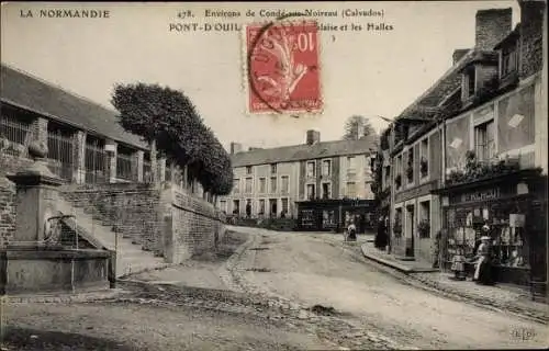 Ak Pont d Ouilly Calvados, Route de Falaise et les Halles