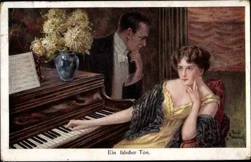 Künstler Ak Gnischaf, Ruab, Ein falscher Ton, Frau am Klavier, Mann im Frack