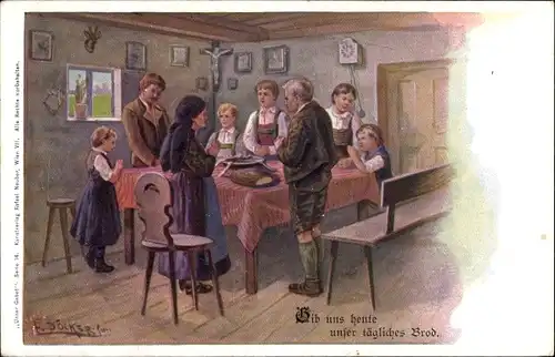 Künstler Ak Döcker, E., Gib uns heute unser tägliches Brot, betende Familie, Tischgebet