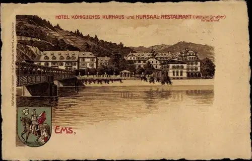 Wappen Künstler Ak Bad Ems an der Lahn, Hotel Königliches Kurhaus und Kursaal Restaurant