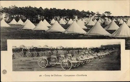 Ak Camp de Chalons Camp de Mourmelon Marne, Campement d'Artillerie