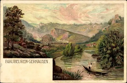 Künstler Litho Härpfer, Fr., Gerhausen Blaubeuren Baden Württemberg, Ruderpartie, Landschaft