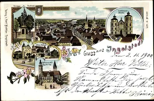 Litho Ingolstadt a.d. Donau Oberb., Rathaus, Pfarrkirche, Schloss, Kriegerdenkmal, Liebfrauenkirche