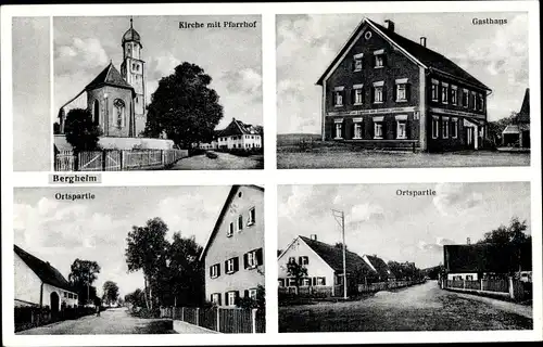 Ak Bergheim Augsburg in Schwaben, Kirche, Pfarrhof, Gasthaus, Straßenpartie