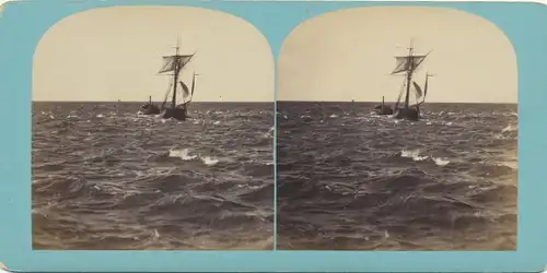 Stereo Foto Segelschiff mit Schlepper auf hoher See, ca 1860