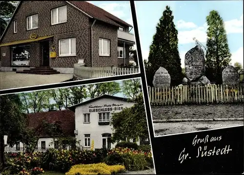 Ak Groß Süstedt Gerdau in der Lüneburger Heide, Gasthaus Fritz Meyer, Edeka Geschäft, Denkmal