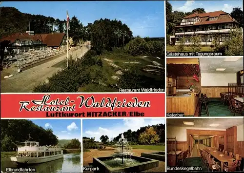 Ak Hitzacker an der Elbe, Hotel Restaurant Waldfrieden, Kurpark, Kegelbahn, Elbrundfahrt