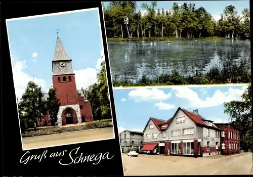 Ak Schnega im Wendland, Kirche, Teich, Gasthaus Hartung, Geschäftshaus