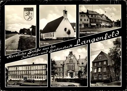 Wappen Ak Langenfeld im Rheinland, Ev. Kirche, Hauptstraße, Krankenhaus, Sparkasse, Autobahnauffahrt