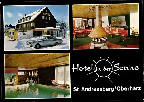 Ak Sankt Andreasberg Braunlage im Oberharz, Hotel in der Sonne, Schwimmbad, Auto