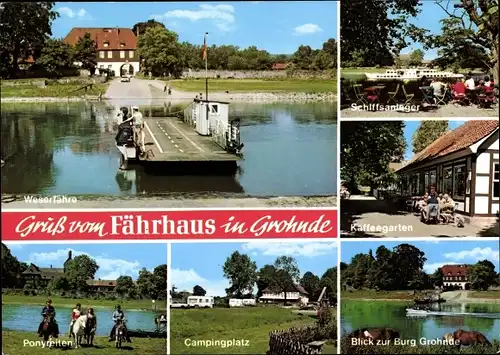 Ak Grohnde Emmerthal Niedersachsen, Weserfähre, Grohnder Fährhaus, Zeltplatz, Burg, Anleger, Pony's