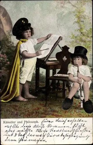 Ak Künstler und Philosoph, Kind mit Pfeife auf dem Nachttopf, Kind mit Umhang
