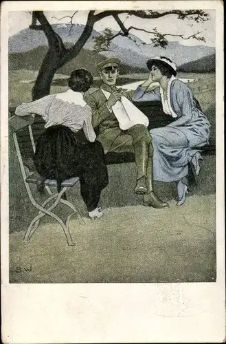 Künstler Ak Wennerberg, Bruno, Daheim, verwundeter Soldat mit zwei Frauen auf einer Bank